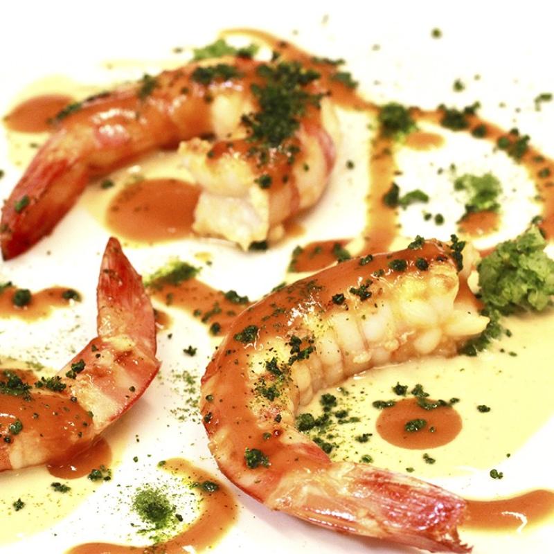 Grey prawns,cashew nuts velouté,bisque reduction, celery brunoise